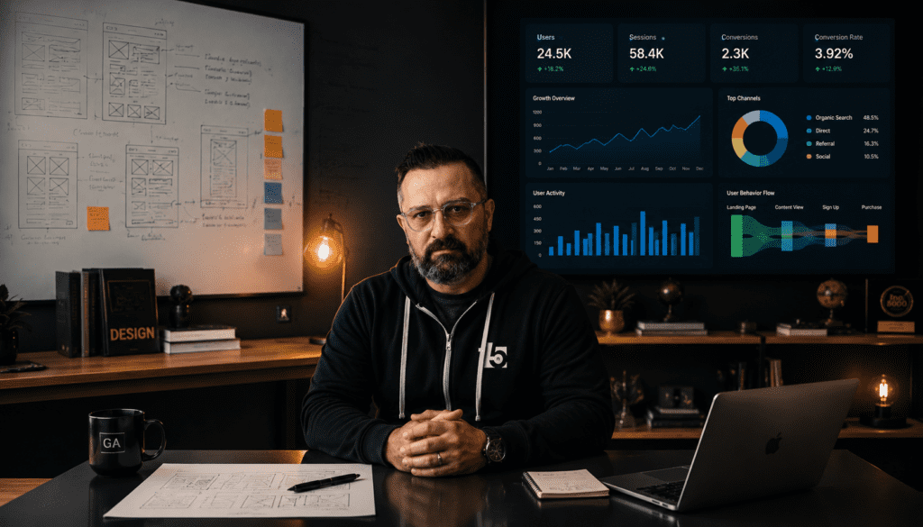 George Arabian, digital marketing strategist, seated at his desk with traditional web design wireframes on the left and a growth-driven web design analytics dashboard on the right