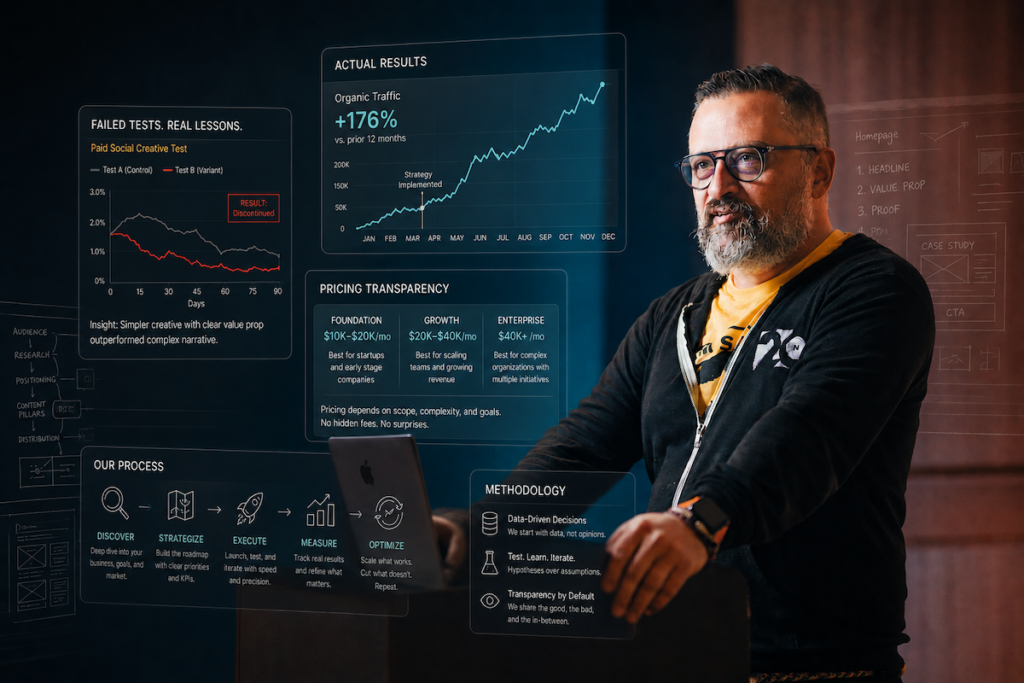 George Arabian, NVISION CEO, demonstrating transparency in marketing with visible failed test data, real organic traffic results, and open pricing tiers