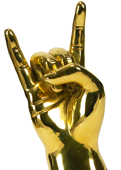 A golden hand making a rock and roll horns sign