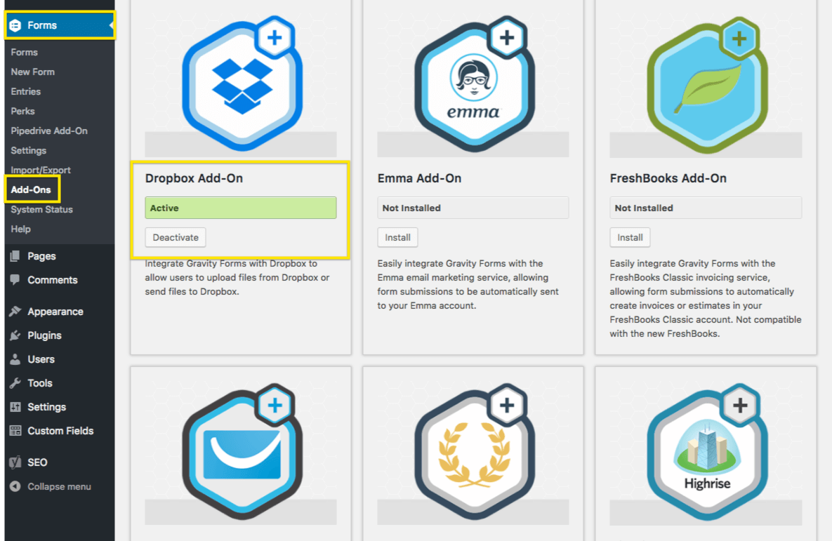 The Gravity Forms Dropbox Add-On can be found under the Forms Add-Ons submenu item