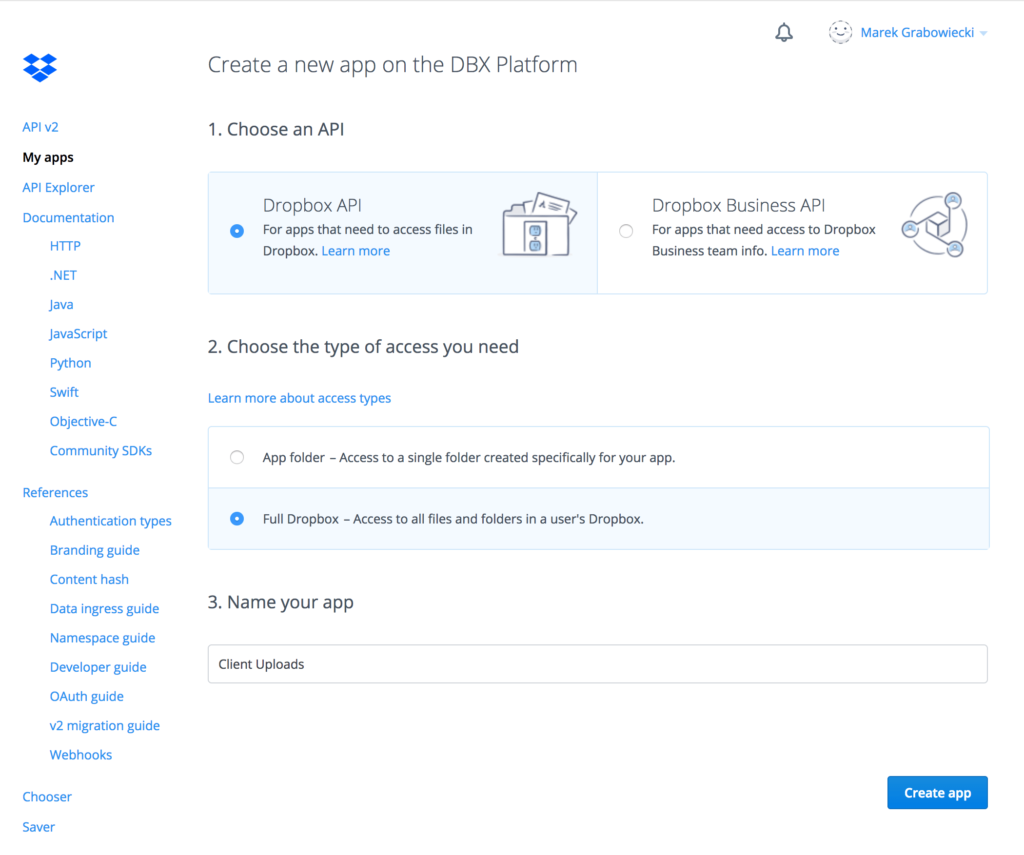 Screenshot of the Dropbox view when creating a new app
