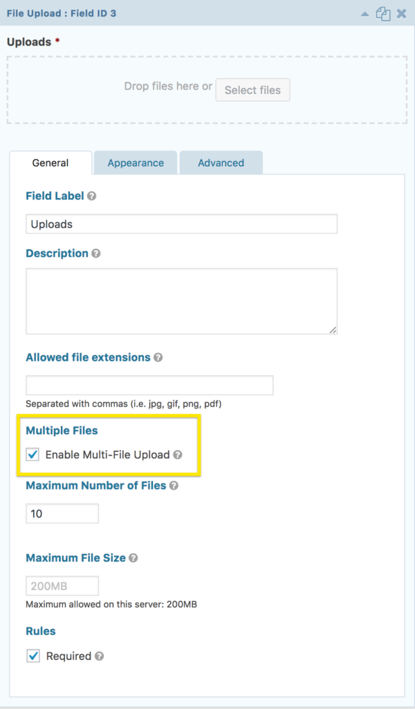 The Gravity Forms setting to control whether a File Upload field accepts multiple files is found under the Multiple Files section on the field