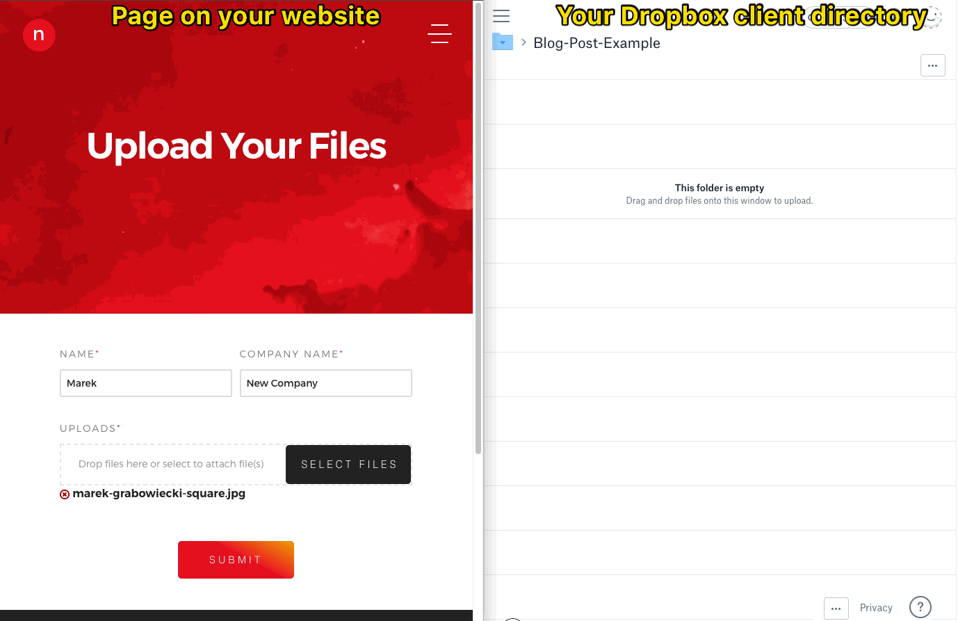 Example of the Gravity Forms Dropbox Add-On automatically organizing client uploads