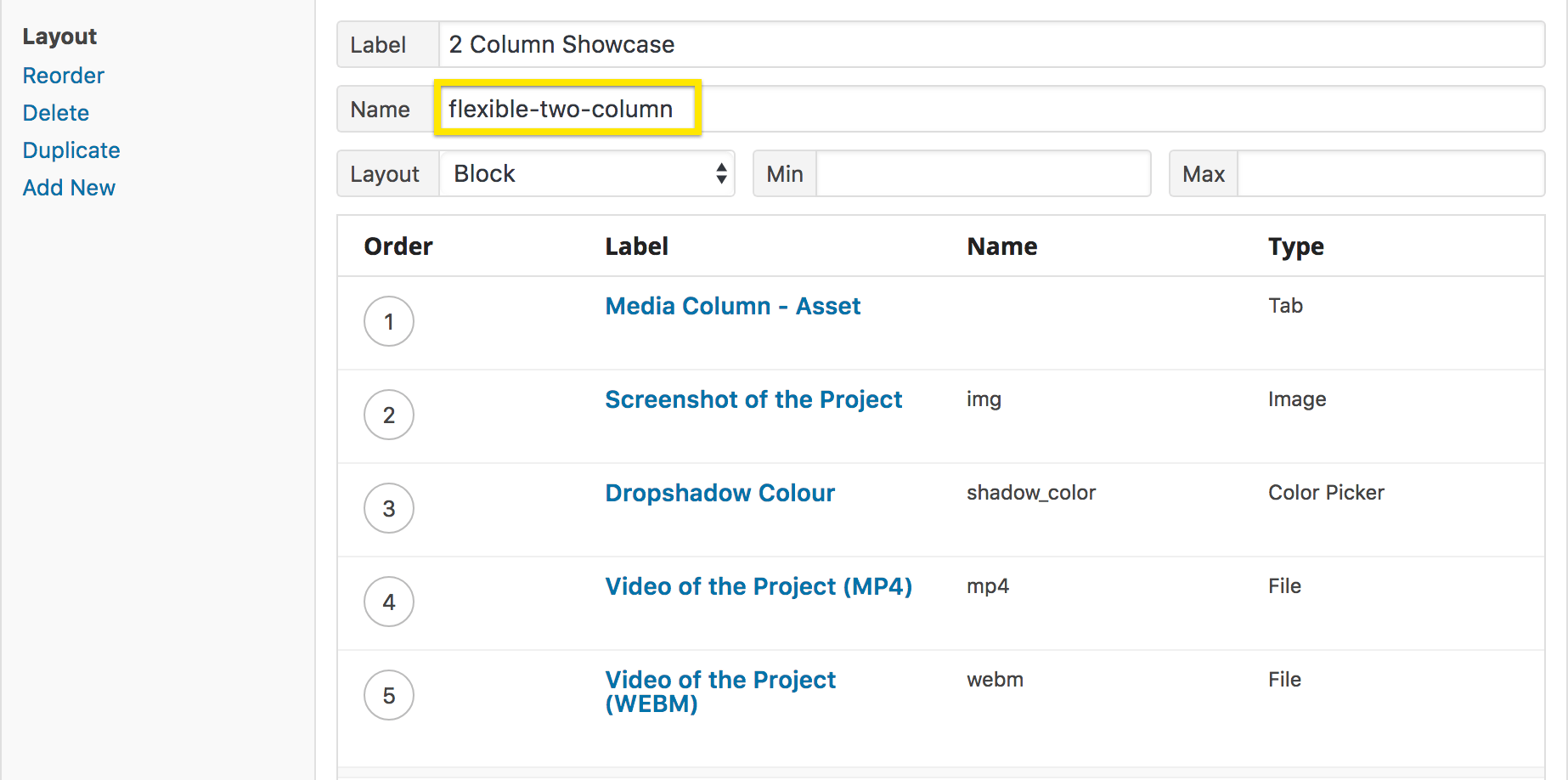 flexible content layout name