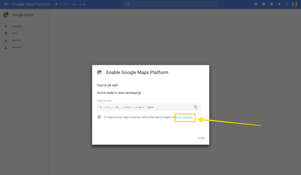 Google Maps go to API Console link