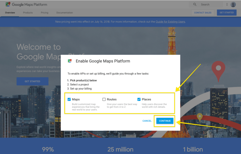 Choosing your products within a Google Maps Project